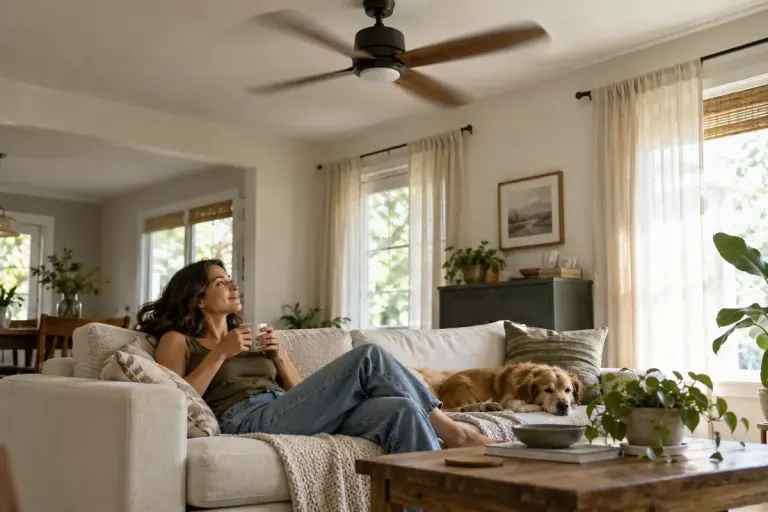 A ceiling fan in a bright lived in room with curtains and a sofa.