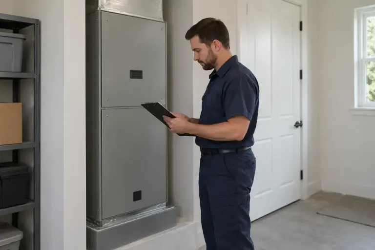 A technician reviewing a clipboard beside a closed indoor air handler.