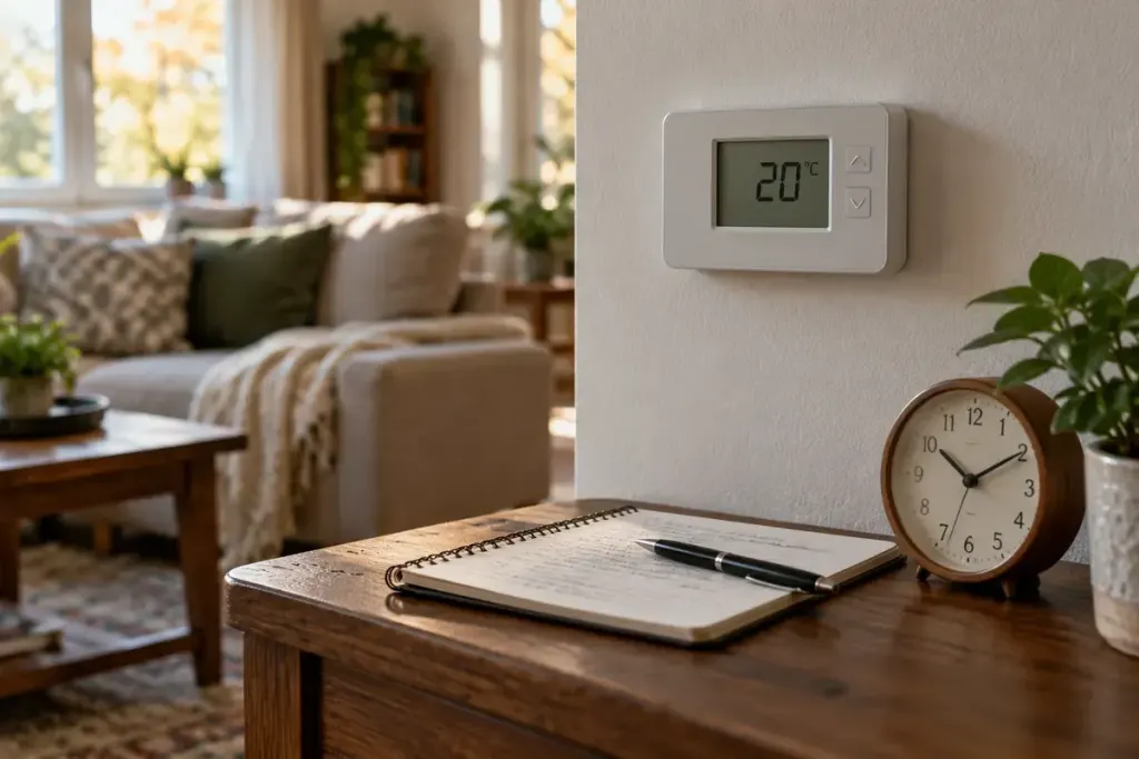 A wall thermostat beside a notebook and a clock in an ordinary living room.