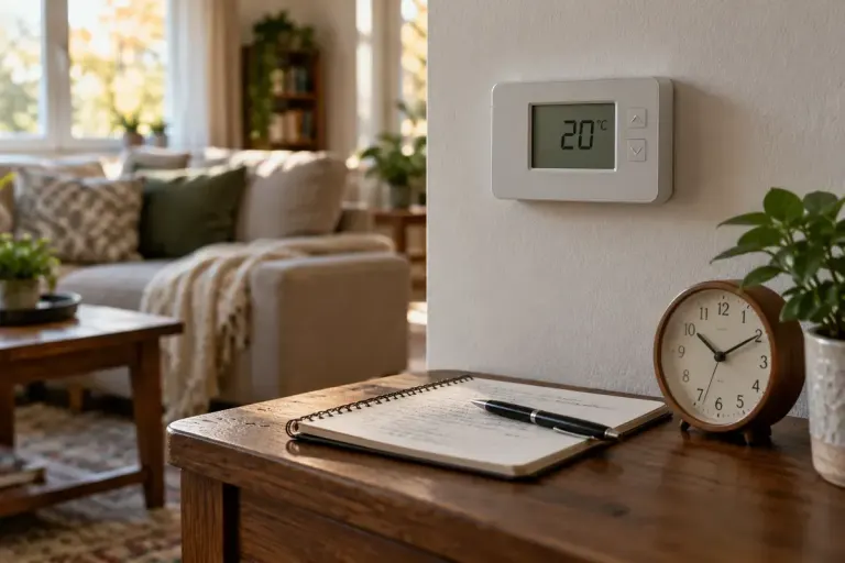 A wall thermostat beside a notebook and a clock in an ordinary living room.