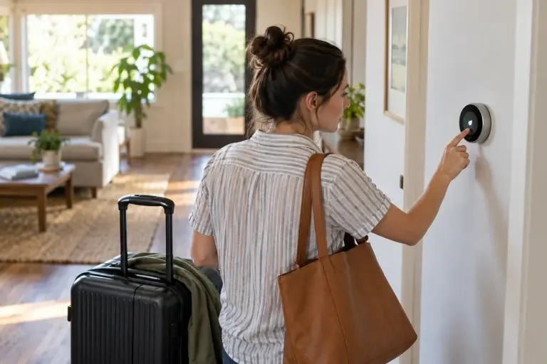 A homeowner checking a wall thermostat beside a packed suitcase.