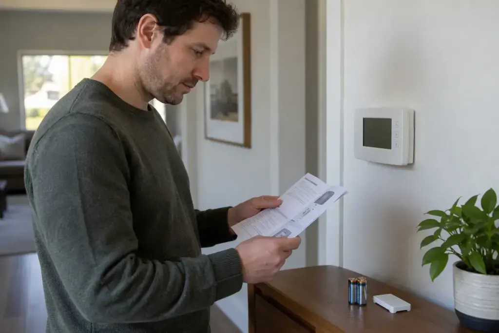 An adult reading a thermostat manual beside a closed wall thermostat and replacement batteries.