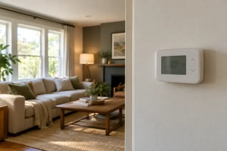A wall thermostat in a living room.