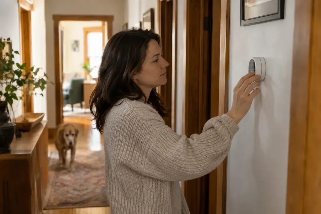 A person adjusting a plain wall thermostat in a comfortable lived-in hallway.