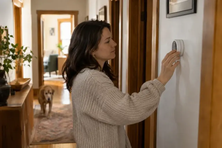 A person adjusting a plain wall thermostat in a comfortable lived-in hallway.