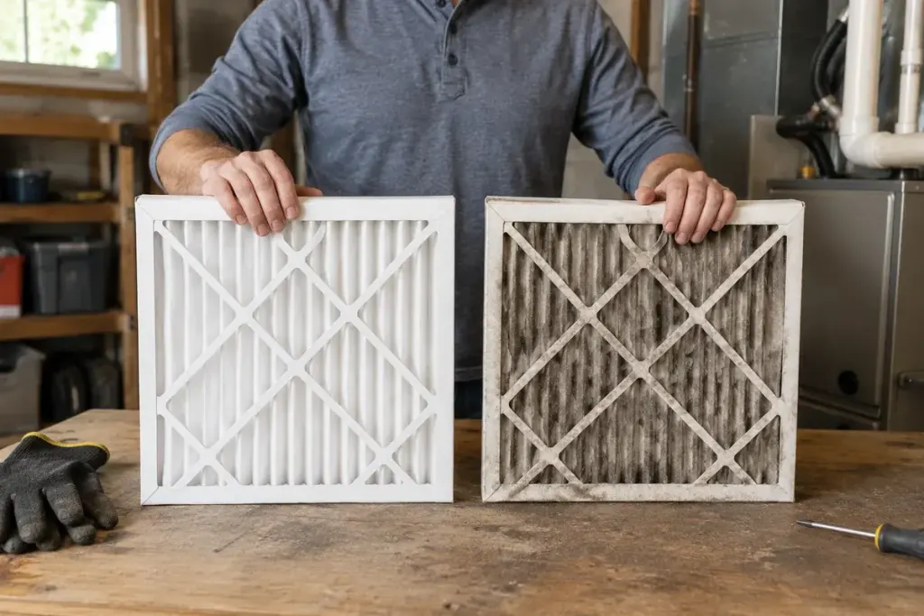 An HVAC filter being checked beside a return-air grille.