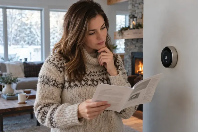 An adult homeowner reading a thermostat manual beside a wall thermostat in a winter living room.