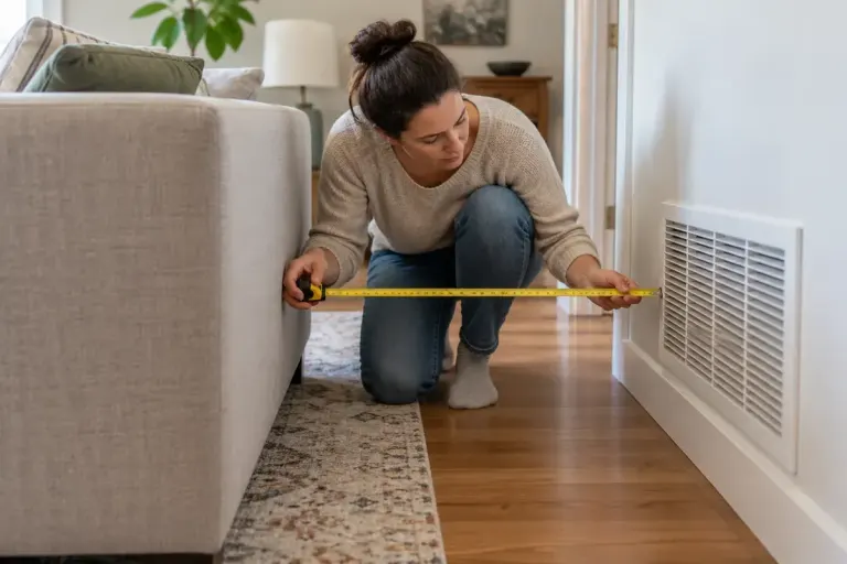A homeowner measuring clearance between a sofa and a wall return air grille.
