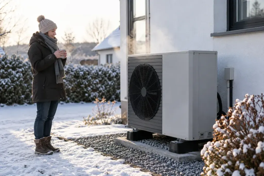 Residential outdoor heat-pump unit with a light realistic plume of water vapour on a cold morning, clear surrounding space, no smoke or flames.