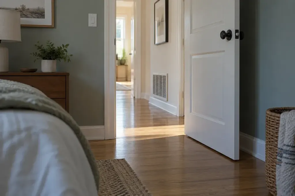 Interior bedroom door slightly ajar showing floor-level gap and distant air grille, daylight residential hallway.