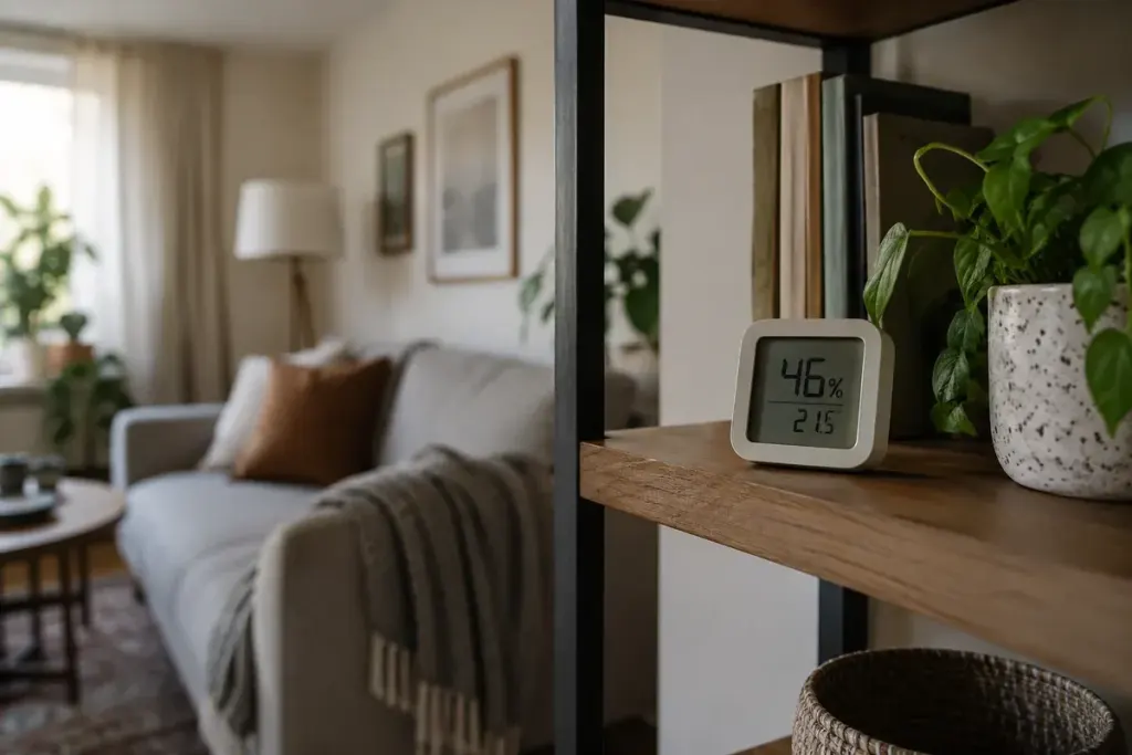Small digital hygrometer on an interior shelf away from a sunlit window, comfortable ordinary living room.