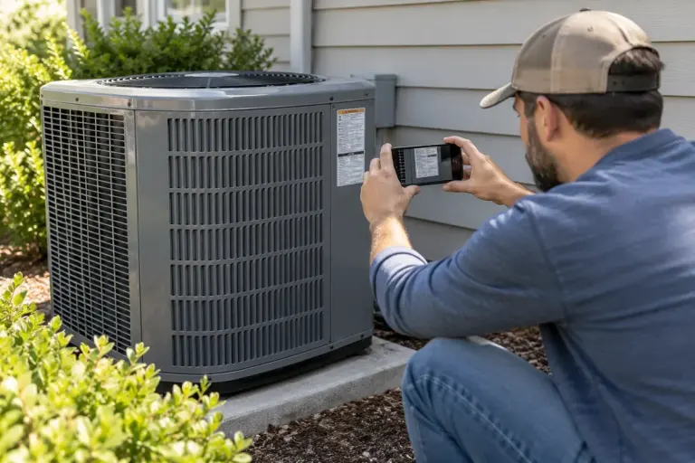 An adult photographing an accessible label on the closed exterior of a home HVAC unit.