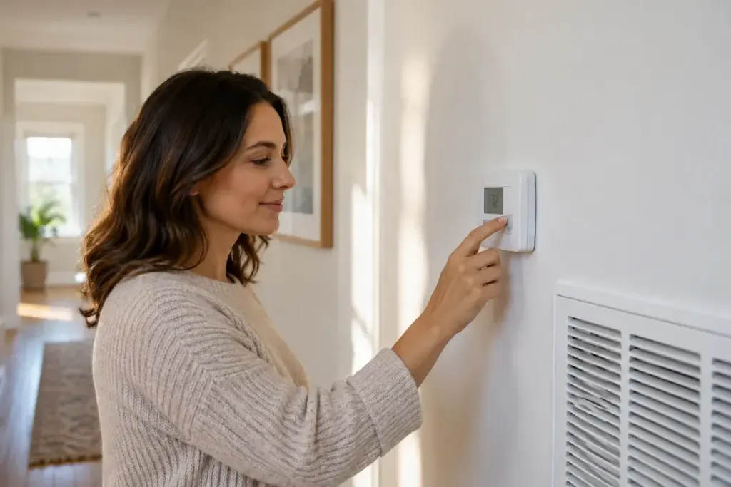 An adult adjusting a wall thermostat near a ventilation grille.