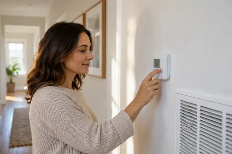 An adult adjusting a wall thermostat near a ventilation grille.