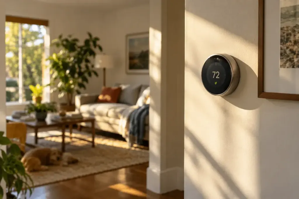 A wall thermostat in a sunlit living room.